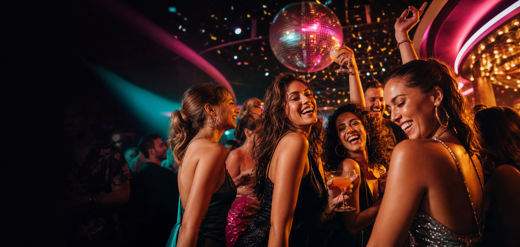 Amigas riendo y bailando bajo luces disco